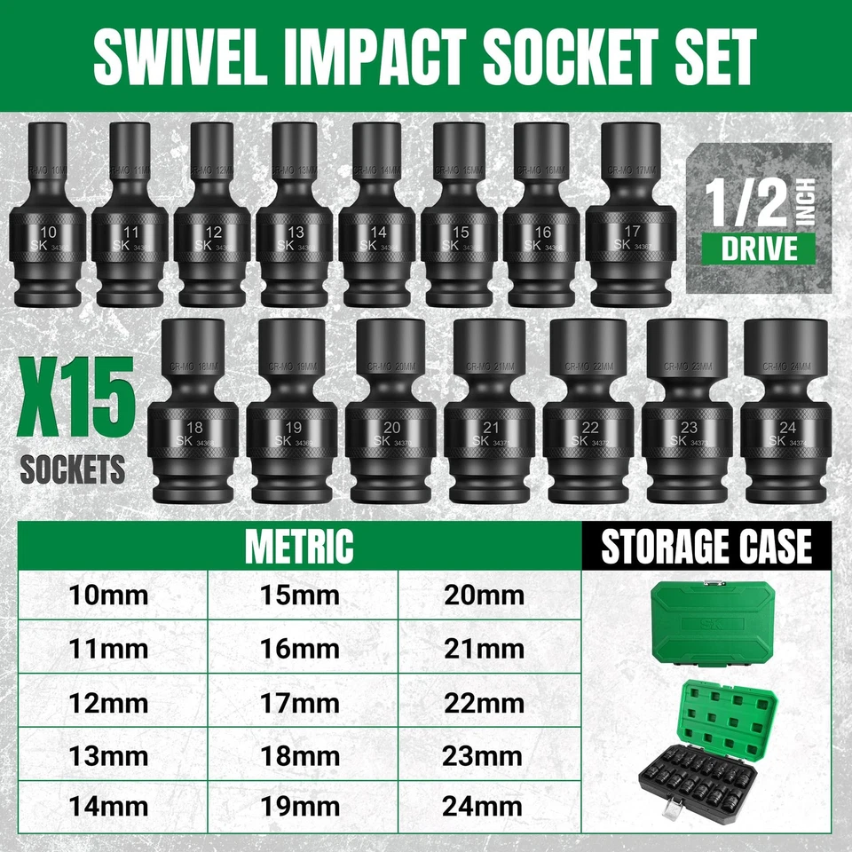 1/2" Drive Universal Swivel Impact Socket Set, Metric Socket Set, 15-Piece, P... - Image 4 of 4