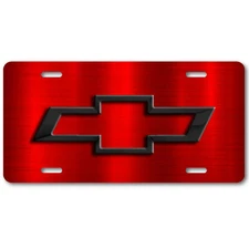 Chevy ART Chevrolet Black Bow-tie on Red Steel look Aluminum License Plate Tag