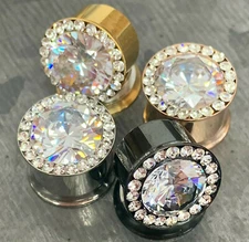 PAIR Large Gem w/Gem Rim Bling Internally Threaded Double Flare Tunnels Plugs