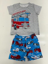 Shein Gray Blue Graphic Firetruck 2 piece Pajama Set Boys Size 5