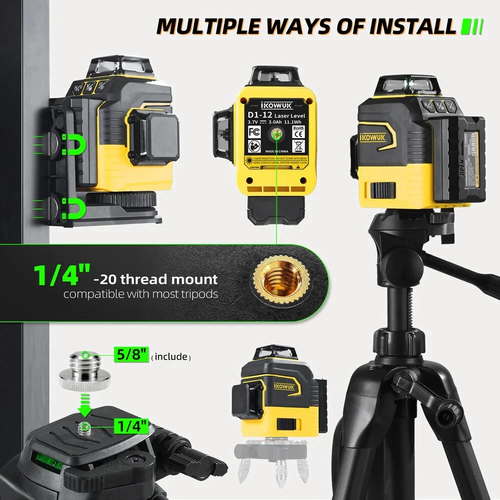 IKOVWUK Laser Level, 3x360° Cross Line for Construction 12-Lasers+ Tripod & Case