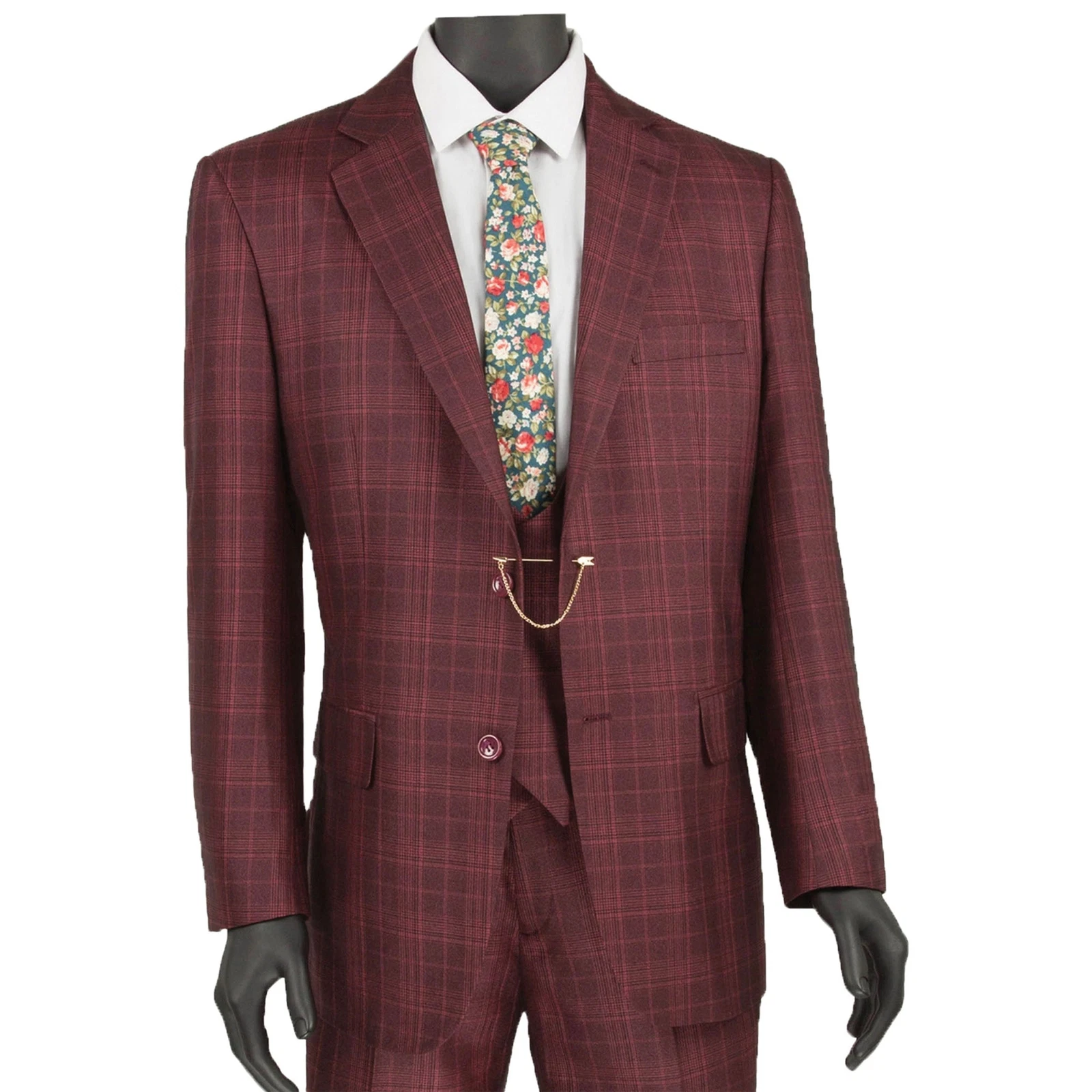 VINCI Men's Burgundy Sharkskin Glen Plaid 3 Piece Classic Fit Suit - NEW