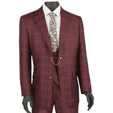 VINCI Men's Burgundy Sharkskin Glen Plaid 3pc Classic-Fit Suit - NEW