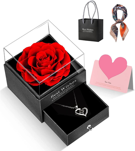 Preserved Rose with Necklace Heart I Love You in 100 Languages Birthday Gift for