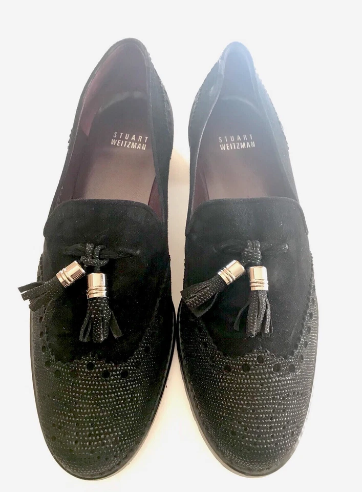 Stuart Weitzman Woman’s Boything Loafers Black Suede & Leather Sz 37.5 US 7.5 - Imagem 2 de 4