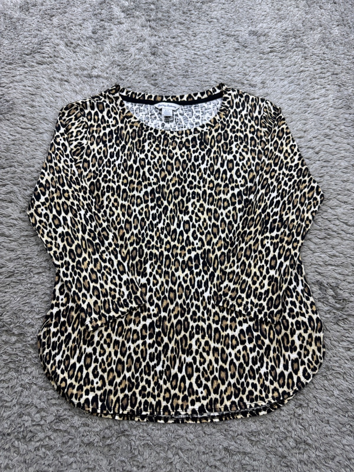 Tommy Bahama Top Women Small Lagoon Leopard Print 3/4 Sleeve Shirt Mob Wives
