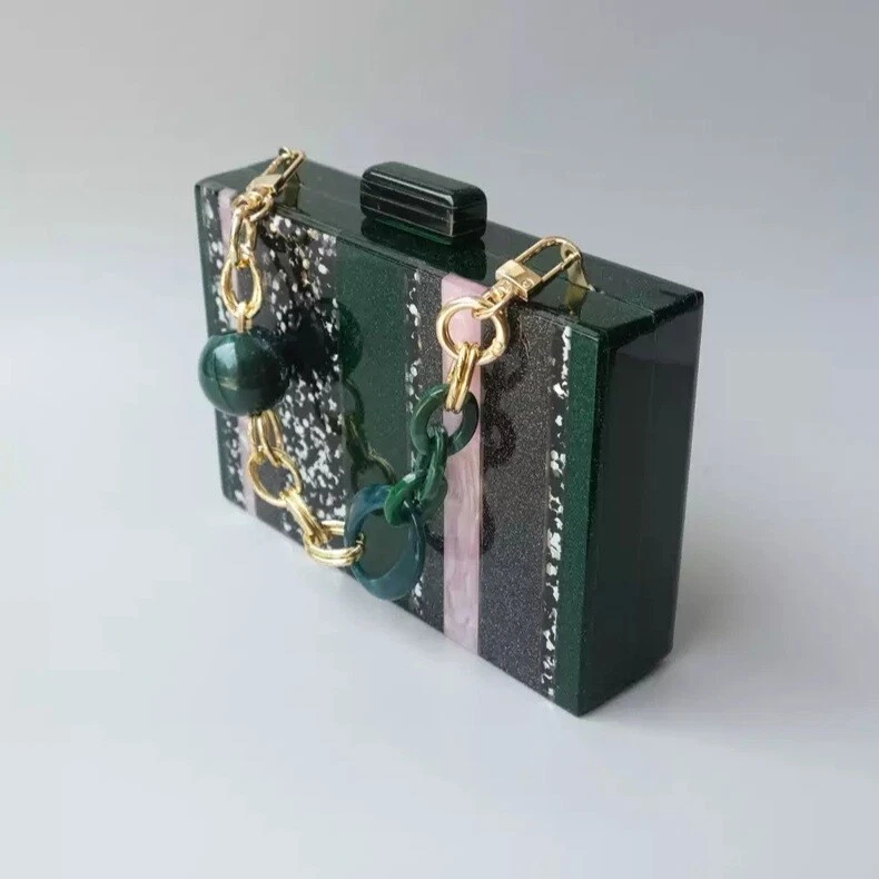 Women Striped Evening Handbag Green Black Color Wedding Box Clutch Purse Sequin - Image 3 of 4