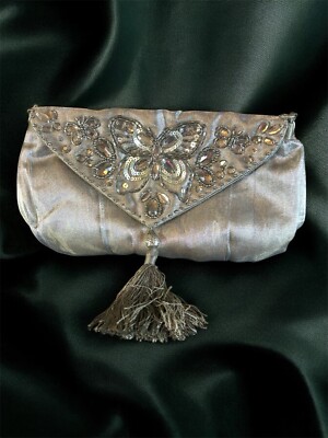 Vintage Accessorize Y2K Butterfly Embellished Sequin Beaded Tassel Silver Purse