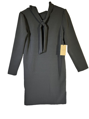 Halogen Women's Small Black Pullover Shift Dress Polyester Stretch Tie Neck W430