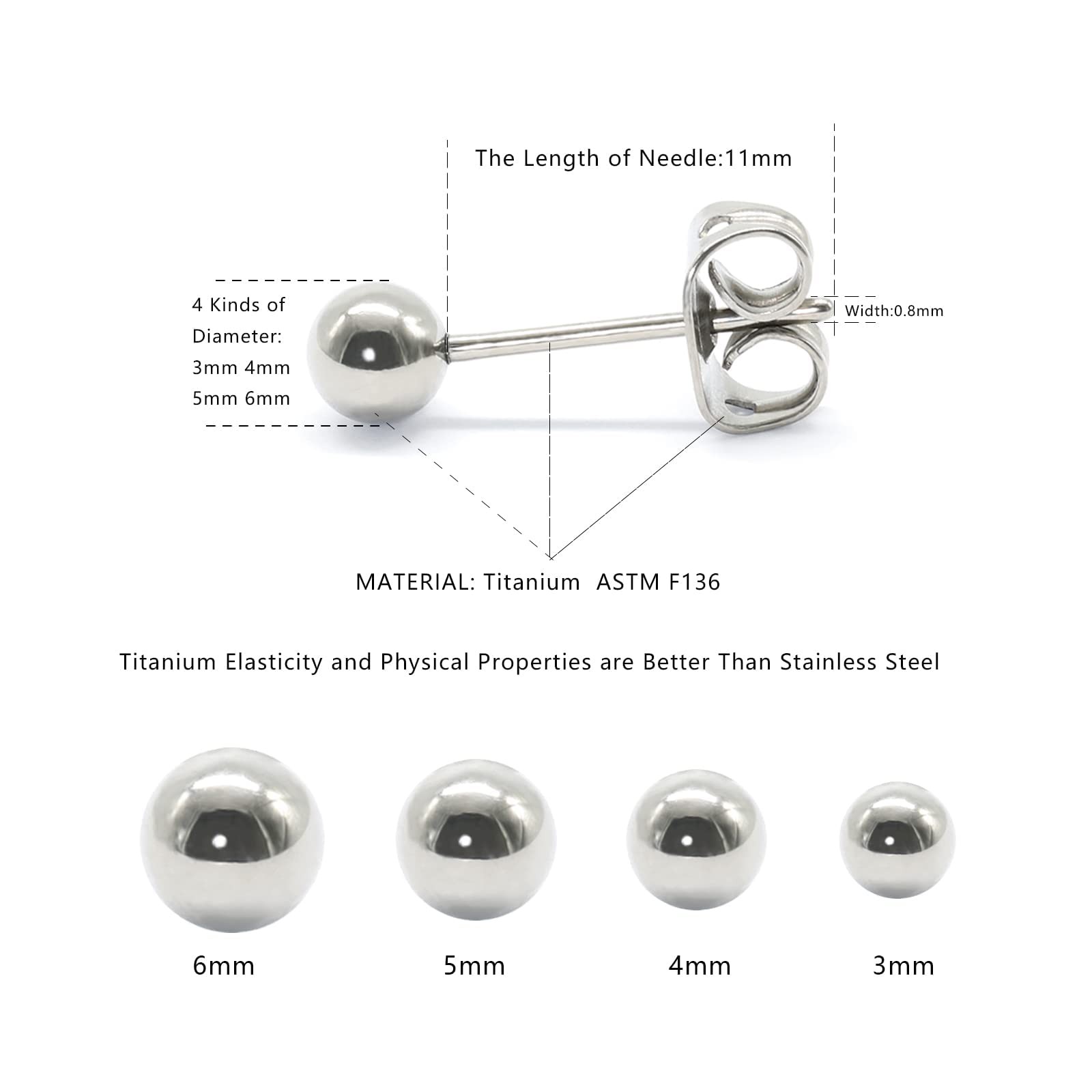 Boucles d'oreilles boule en titane G23 légères et résistantes à l'eau 3mm