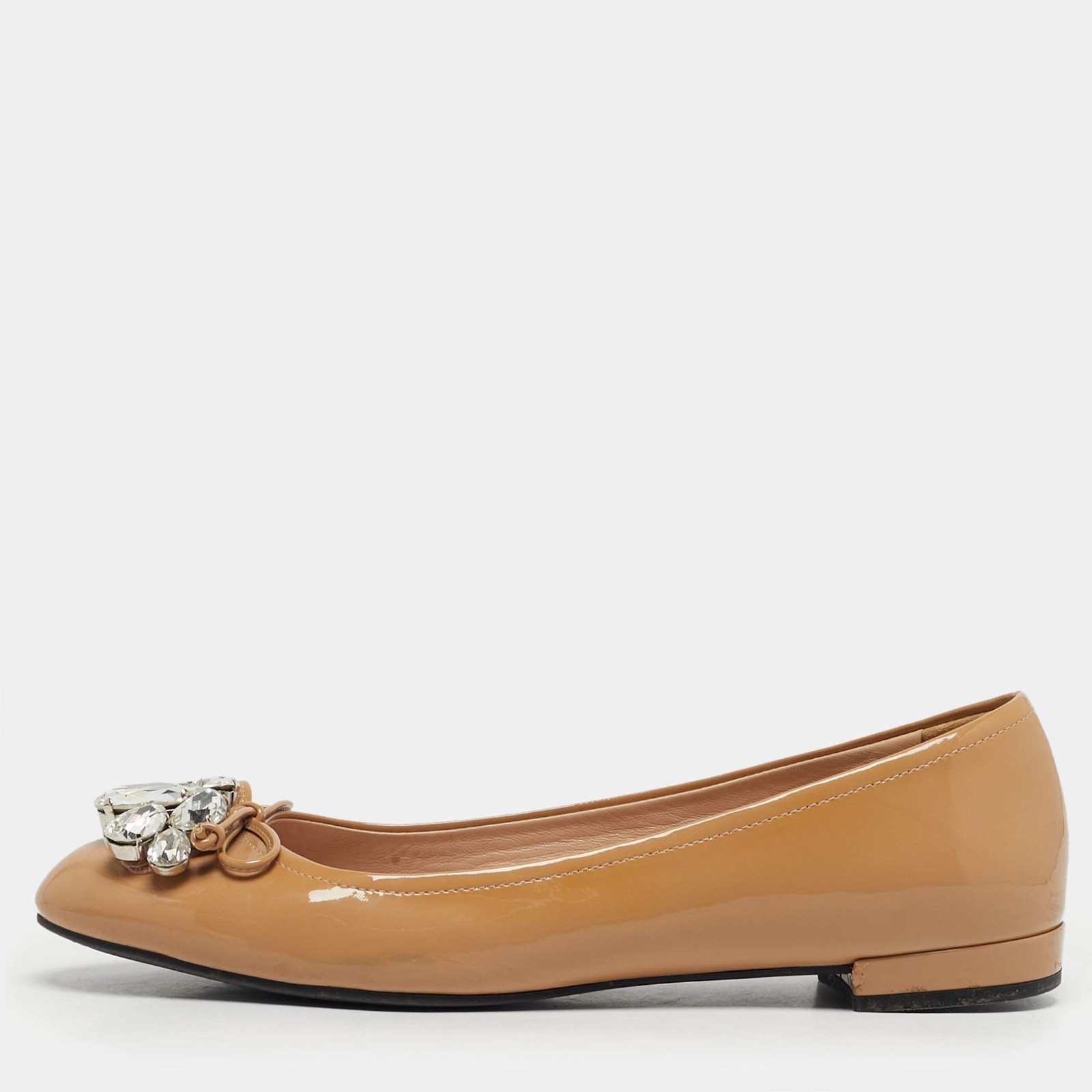 Miu Miu Beige Patent Leather Crystal Embellished Ballet Flats Size 36.5
