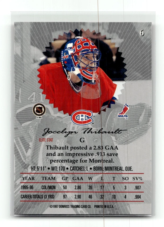 1996-97 Donruss Elite - Jocelyn Thibault #6  NHL - Image 2 of 2