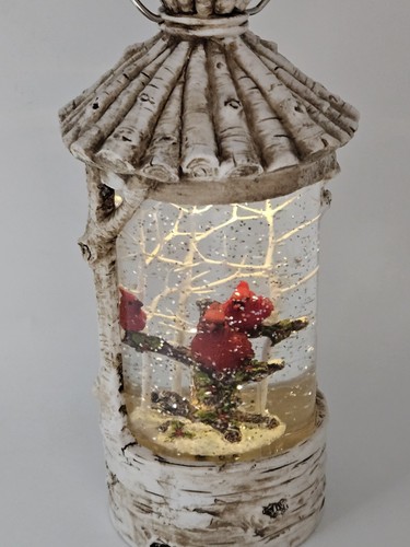 Roman Birch Bird House Lit Swirl With Cardinal Birds White Acrylic Holiday Globe - Picture 5 of 16