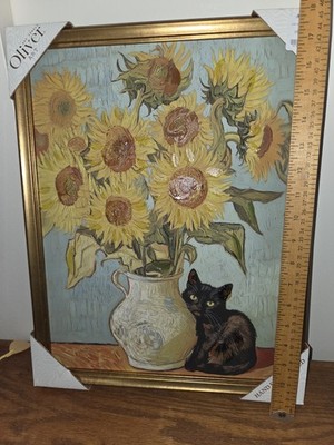 RARE Van Gogh Inspired Sunflowers with Kitten by Oliver SHIPS NOW