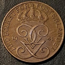 1941 SWEDEN ~ 5 Ore ~ Gustaf V ~ Great WWII Date Coin 