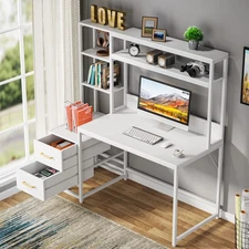 55 Inch Computer Desk with 2 Drawers, Modern Office Desk Writing Table w/ Hutch