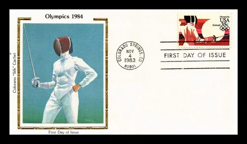 US COVER OLYMPICS FENCING AIR MAIL FIRST DAY ISSUE COLORANO SILK CACHET