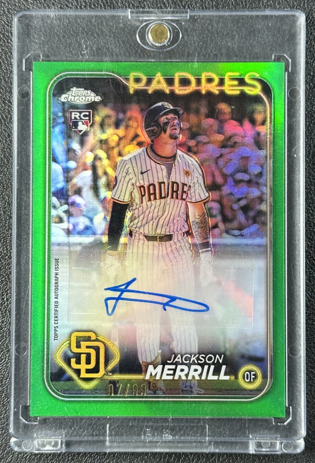 JACKSON MERRILL 2024 TOPPS CHROME UPDATE #AC-JM ROOKIE AUTO GREEN REFRACTOR 7/99