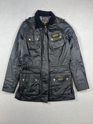 Barbour International Speedway Jacket Womens 8 Black Waxed Cotton Tartan Lined
