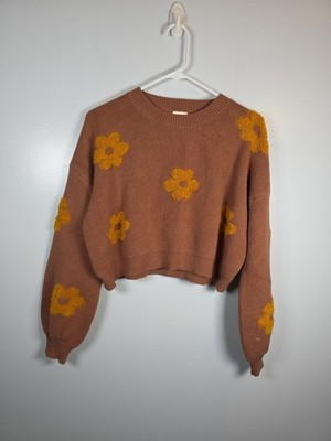 Women's Crop Sweater, Flowers, Size XS, Brown