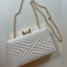 Sondra Roberts Pearl Chevron Vegan Leather Evening Bag Gold Chain