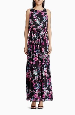 NWT Chaps Black Purple Floral Chiffon Sleeveless Tie Waist Maxi