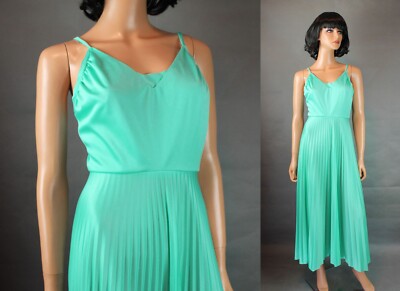 Disco Goddess Dress XS Vintage 70s Long Aqua Green Blue Pleated Skirt Maxi Gown