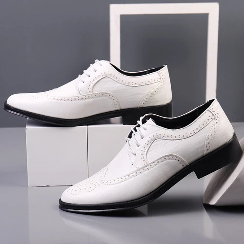 Men's Brogue Pointed Lace Up Oxfords Formal Business Dress Wedding Leather Shoes - Picture 3 of 28