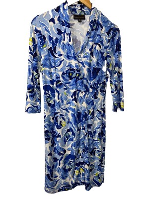Dana Buchman Floral Faux Wrap Dress XS Blue V Neck Knee Length Polished Career