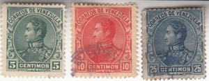 Venezuela 1899. Scott # 142 - 144. 5c, 10c, 25c. Bolivar. Used. Hinged.