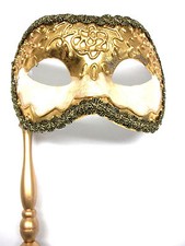 Gold Leaf Off White Antique Masquerade Mask Paper Mache Mardi Gras Stick