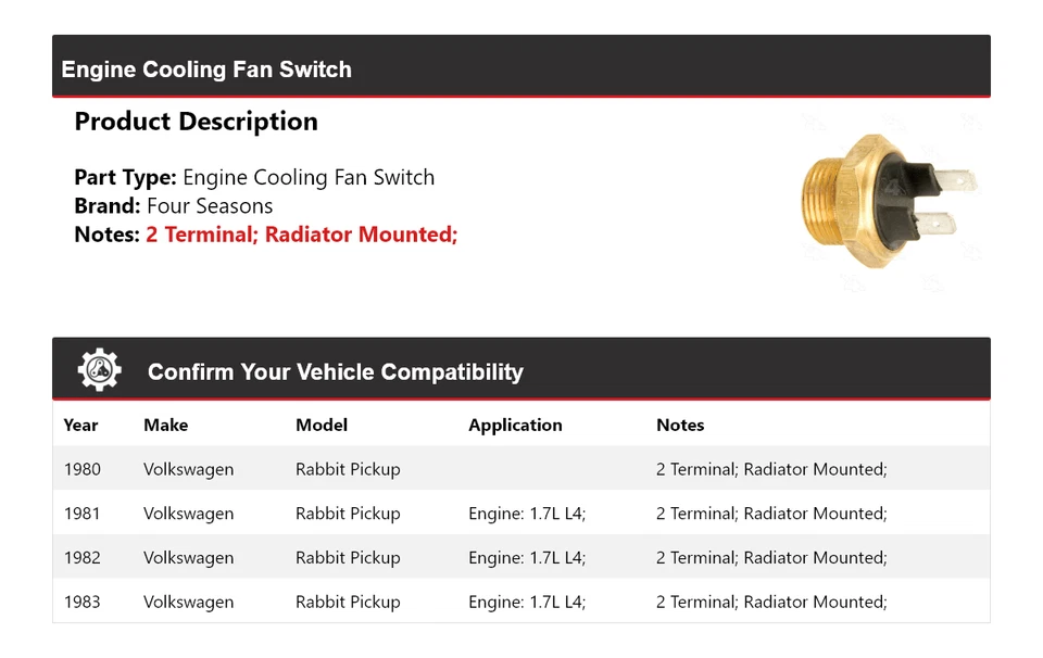For 1980-1983 Volkswagen Rabbit Pickup Engine Cooling Fan Switch 4 Seasons 1981 - Image 2 of 4