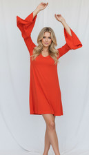 Loft Women's Swing Dress Bell Sleeve V-Neck Stretch Stretch Orange Size S
