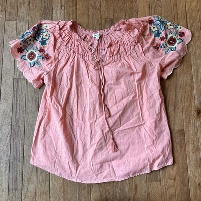 Cottagecore Slub Embroidered Blouse Cotton Womens L Floral Peasant Pink Modern