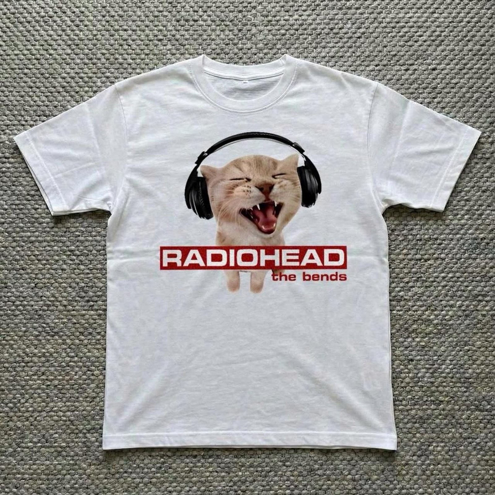 Radiohead The Bends Cat Graphic Tee Vintage Mens White Cotton T-Shirt