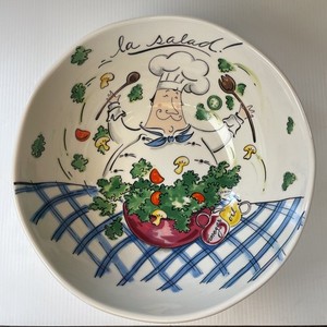 Mud Pie Salad Bowl signed TRACY la saladChef Tossing Salad Blue Check Table 11”
