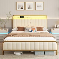 Queen Size Bed Frame with LED Light and Charging Station, Upholstered Headboard