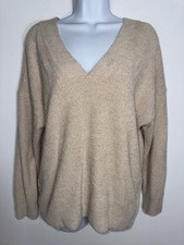 Barefoot Dreams CozyChic Lite V-Neck Seamed Pullover Beige Women Small
