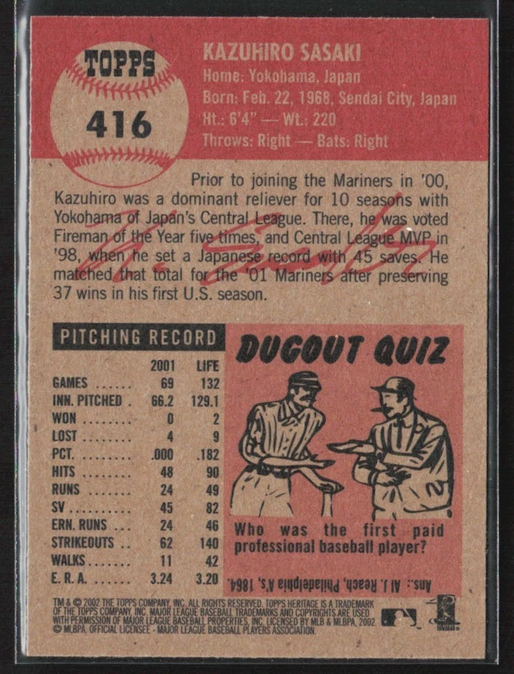 Kazuhiro Sasaki 2002 Topps Heritage SP Short Print A #416 Seattle Mariners - Image 2 of 2