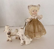 Vintage MCM Ceramic Lady Walking 2 Poodles Figurine Japan VGUC