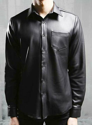 Men's Genuine Black Lambskin Real Leather Formal Shirt Full Sleeves Casual