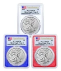 Set of 3 2021 PCGS MS 70 Type-2 Silver Eagle in Red, White, & Blue Core