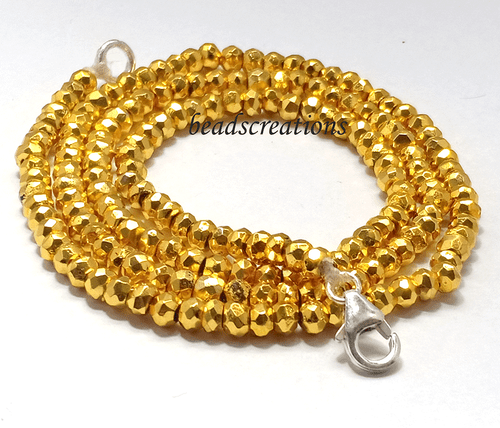3-4MM Natural Golden Pyrite Faceted Beads Beaded 925 Sterling Silver Necklace - Picture 7 of 8
