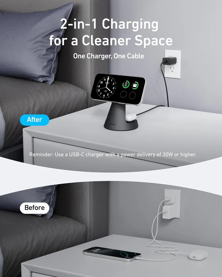 Anker 2-in-1 Charging Stand MagSafe Qi2 Certified 15W Wirless Charger for iPhone - Image 3 of 4