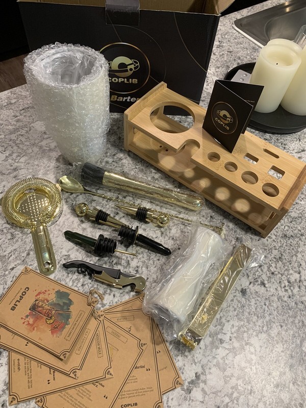 New! COPLIB Premium 13 pcs Rust Proof Bartenders Set w Stand & Recipe Cards