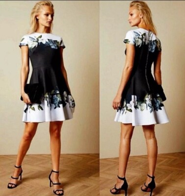 TED BAKER Louva Opal Floral Print Skater Dress Size 4 Fit Flare Short Cap Sleeve