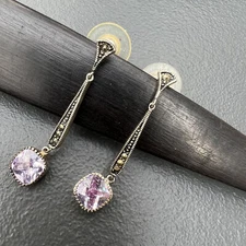 Vintage Art Deco Style Sterling Silver Marcasite Amethysts Dangle Drop Earrings