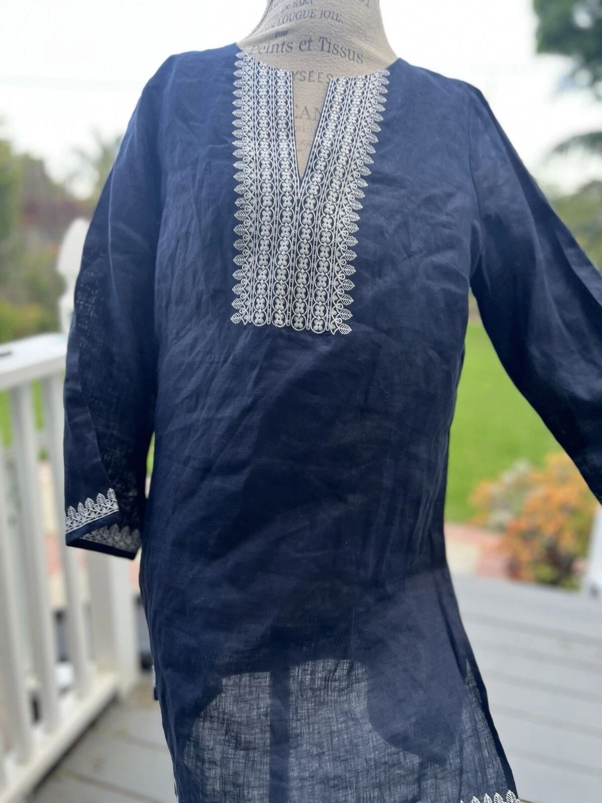 Abito tunica TORY BURCH blu navy scuro bianco impreziosito ricamo TG M