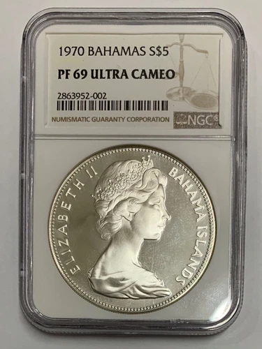 1970 BAHAMAS Large PIRATE DEFEAT MOTTO Proof Silver 5 Dollars Coin NGC i1005