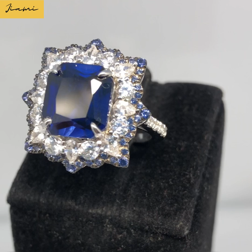 Radiant Cut Blue Sapphire Simulated Diamond Art Deco Ring 14k White Gold Silver - Video 1 of 1